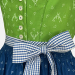 Handmade Trachten Redl dirndl from Munich with green bodice, blue patterned skirt, and matching gingham apron – available for rent at Versatile OTM.