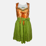 Tramontana Bavarian rental dirndl with orange embroidered satin bodice and green embroidered apron, available at Versatile OTM in Munich.
