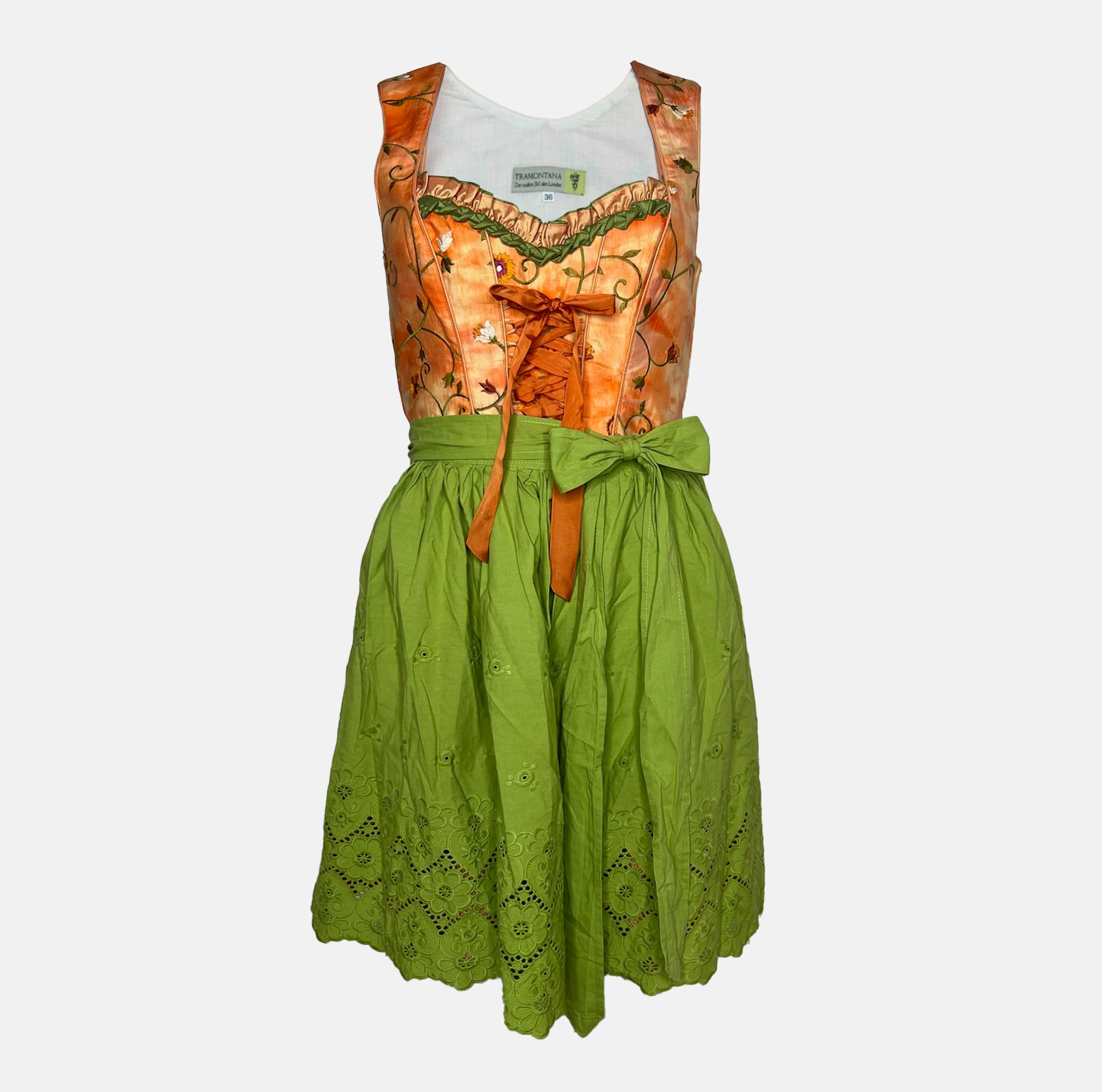 Tramontana Bavarian rental dirndl with orange embroidered satin bodice and green embroidered apron, available at Versatile OTM in Munich.