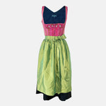Berwin & Wolff Bavarian rental dirndl with pink striped bodice, jewel button accents, and green apron, available at Versatile OTM in Munich.