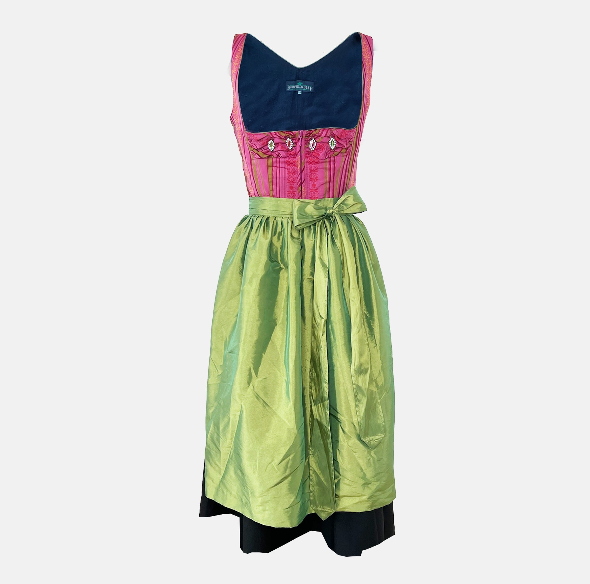 Berwin & Wolff Bavarian rental dirndl with pink striped bodice, jewel button accents, and green apron, available at Versatile OTM in Munich.