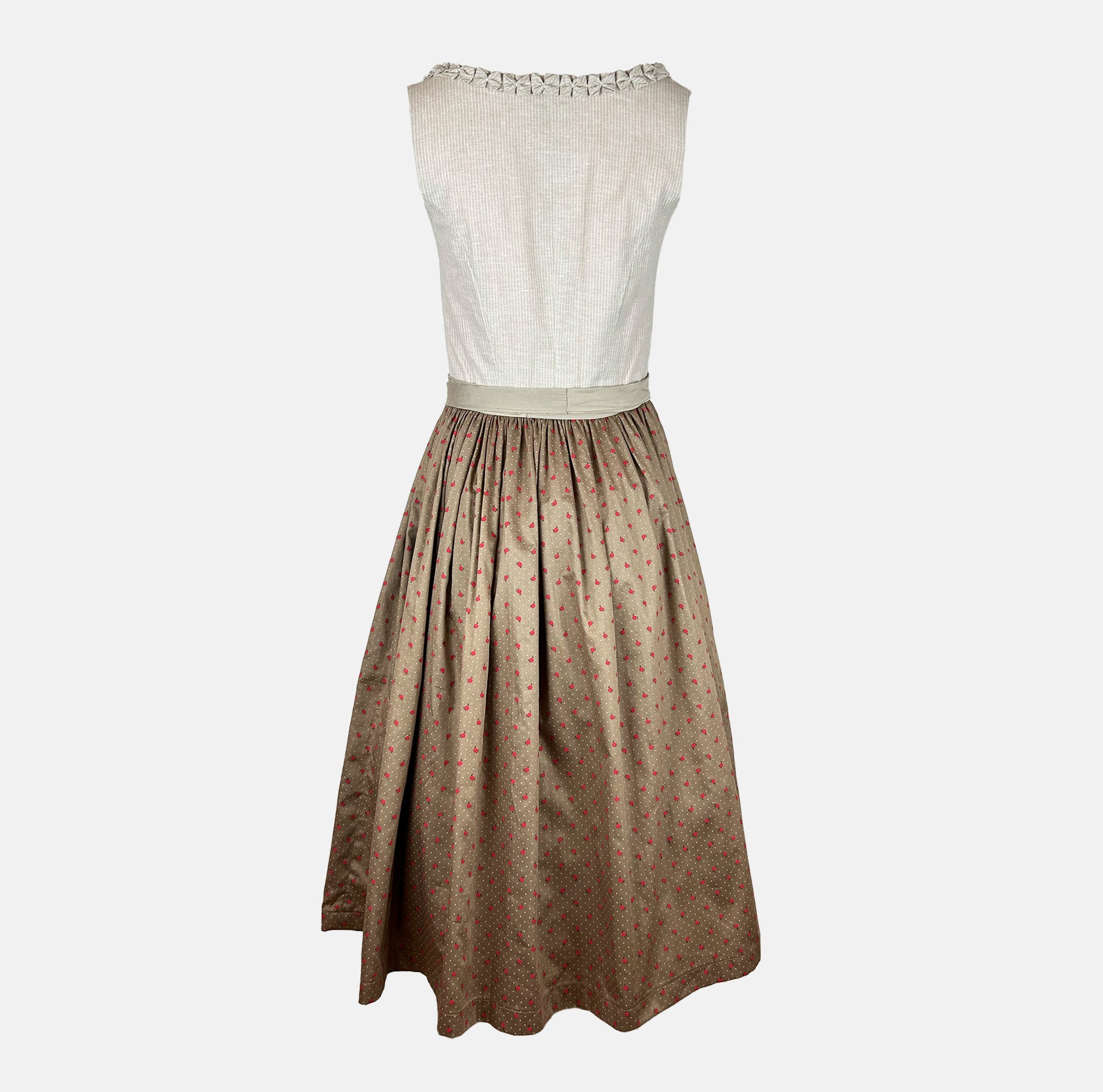 Handmade Versatile Collection Dirndl in light taupe with pleated neckline and flowing apron. Elegant, minimal, and made in Germany.