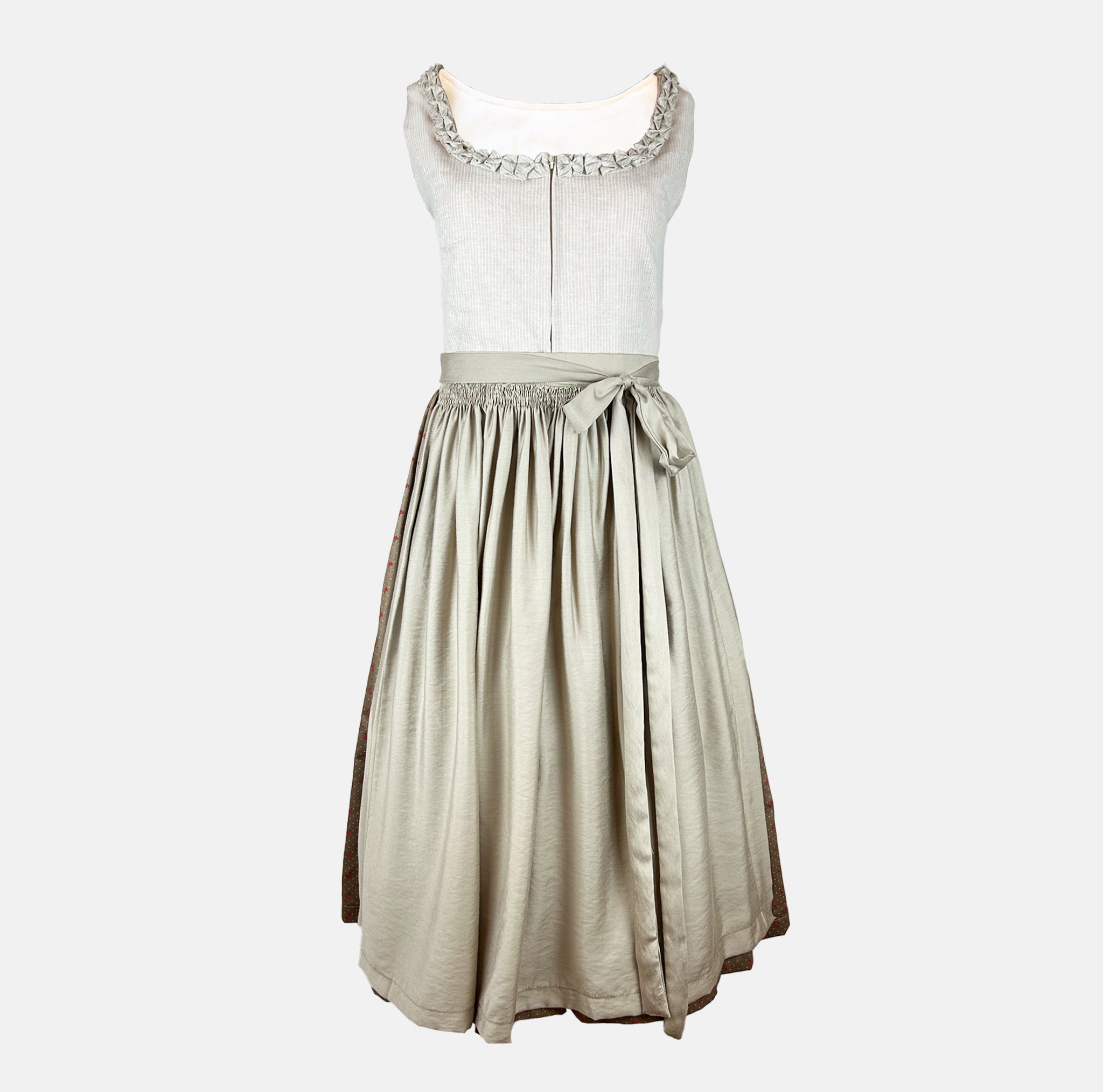 Handmade Versatile Collection Dirndl in light taupe with pleated neckline and flowing apron. Elegant, minimal, and made in Germany.