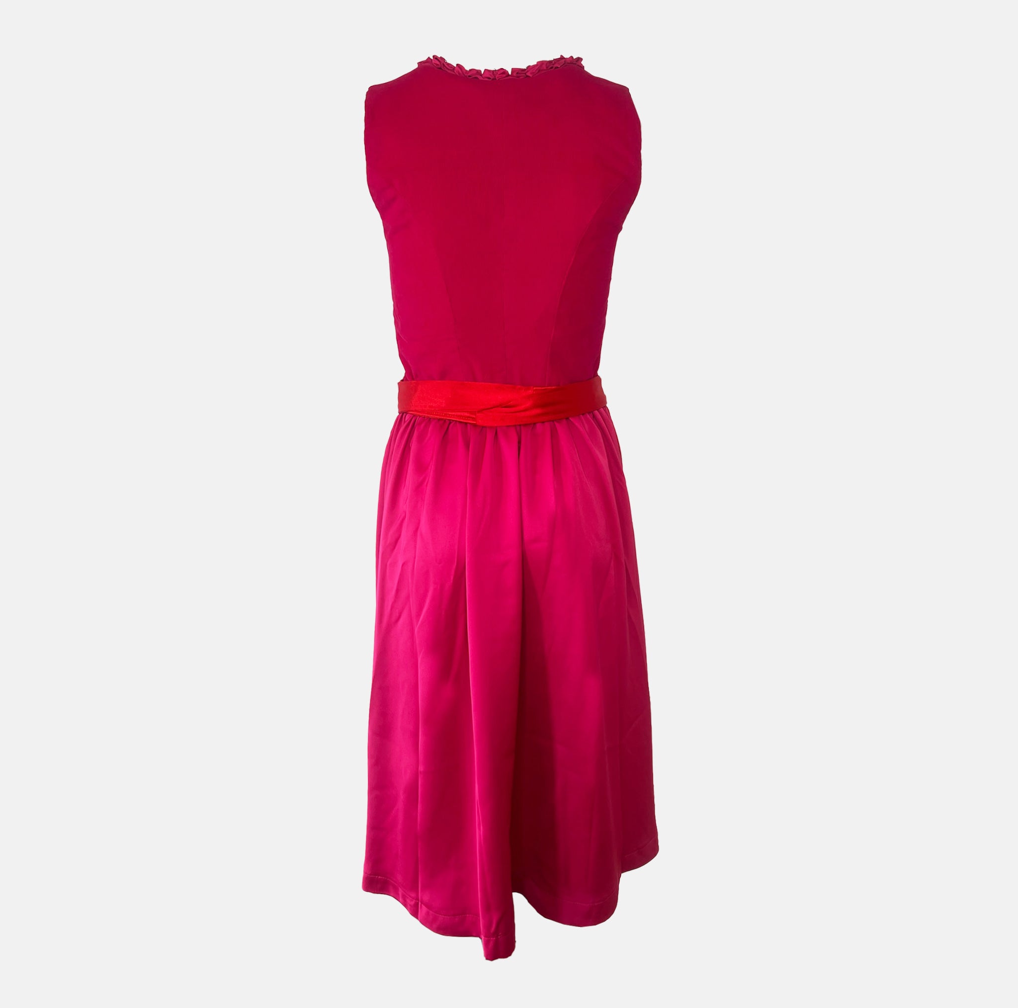 Elegant red Versatile Collection Dirndl with tone-on-tone design, handmade in Germany — perfect for Oktoberfest and available to rent at Versatile OTM.