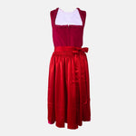 Elegant red Versatile Collection Dirndl with tone-on-tone design, handmade in Germany — perfect for Oktoberfest and available to rent at Versatile OTM.