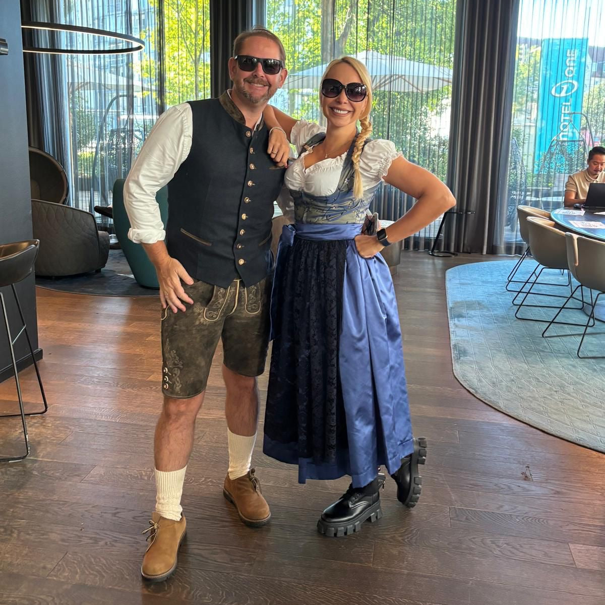 Dirndl Pia combines a royal blue stunner with a patterned bodice and rich lace skirt. Finished with a silky ribbon for an elevated playful style. Each piece in our collection is a one-of-a-kind creation. Ready to rent on Versatile OTM for Oktoberfest 