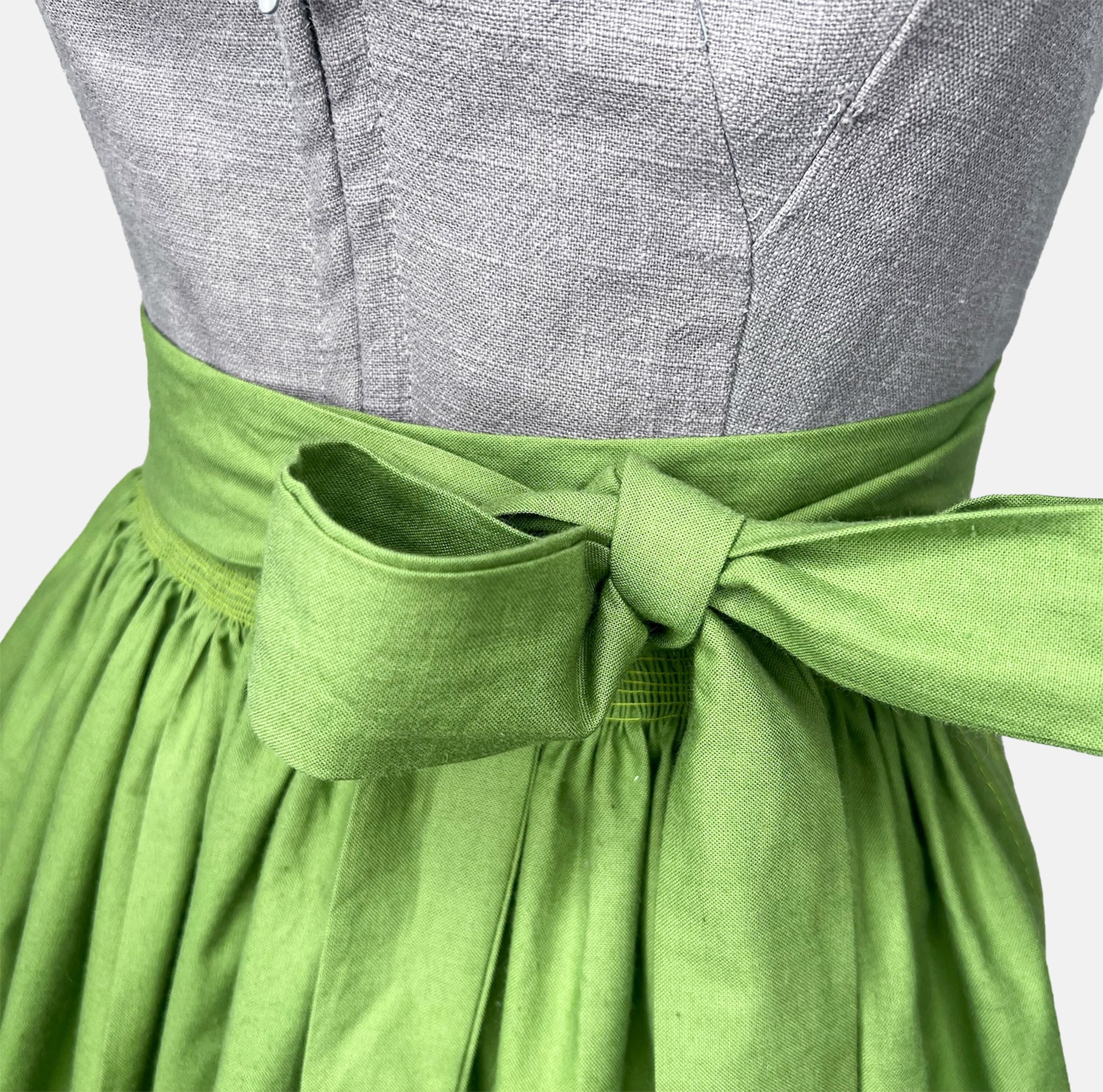 Premium hand-made Versatile Collection Linen Dirndl with Green Apron for rent