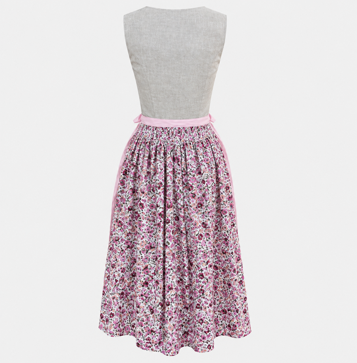 Back view of Almsach Dirndl with plain grey beige bodice, pink waist sash and multicoloured floral skirt