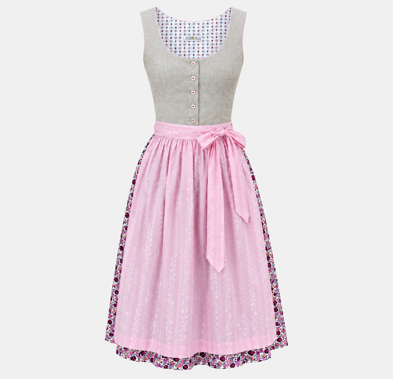 Front view of Almsach Dirndl with grey beige bodice, pink apron and floral skirt for Oktoberfest rental in Munich