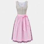 Front view of Almsach Dirndl with grey beige bodice, pink apron and floral skirt for Oktoberfest rental in Munich