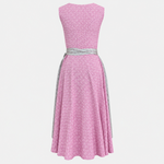Back view of Apple of My Eye Cute pink Dirndl with small white motifs and pale grey floral apron ties