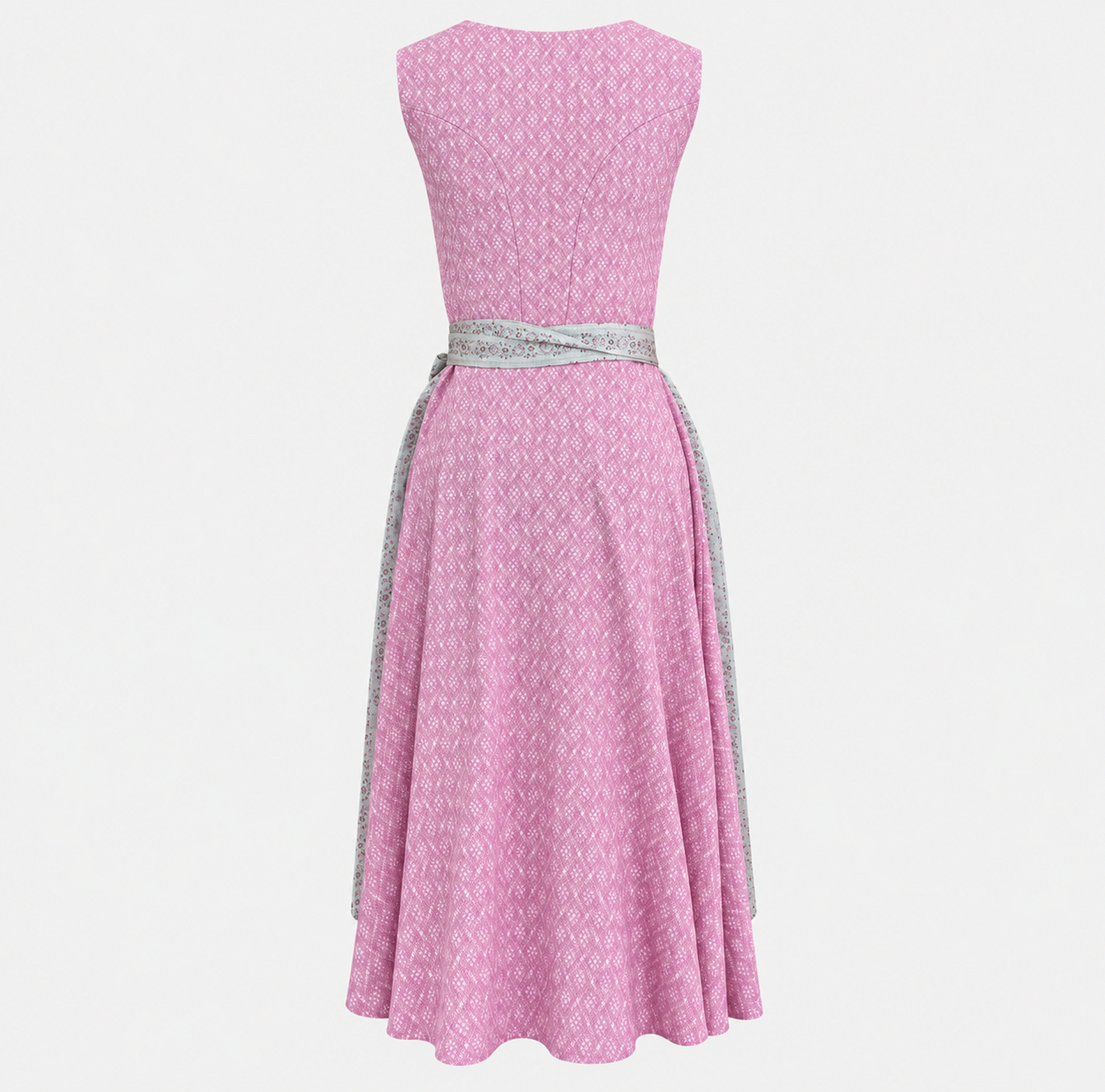 Back view of Apple of My Eye Cute pink Dirndl with small white motifs and pale grey floral apron ties