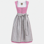 Front view of Apple of My Eye Cute pink Dirndl with pale grey floral apron for Oktoberfest rental in Munich