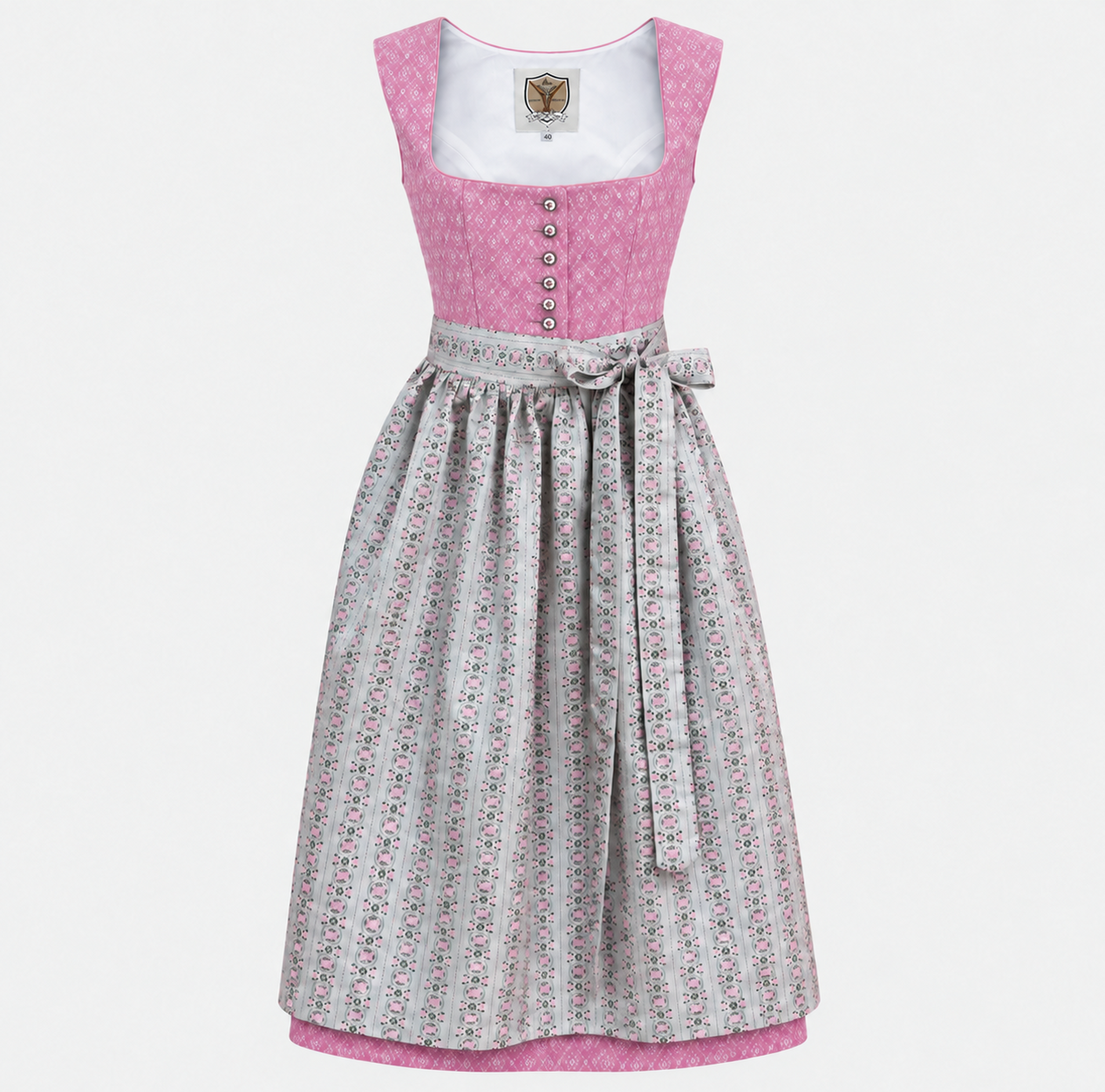 Front view of Apple of My Eye Cute pink Dirndl with pale grey floral apron for Oktoberfest rental in Munich