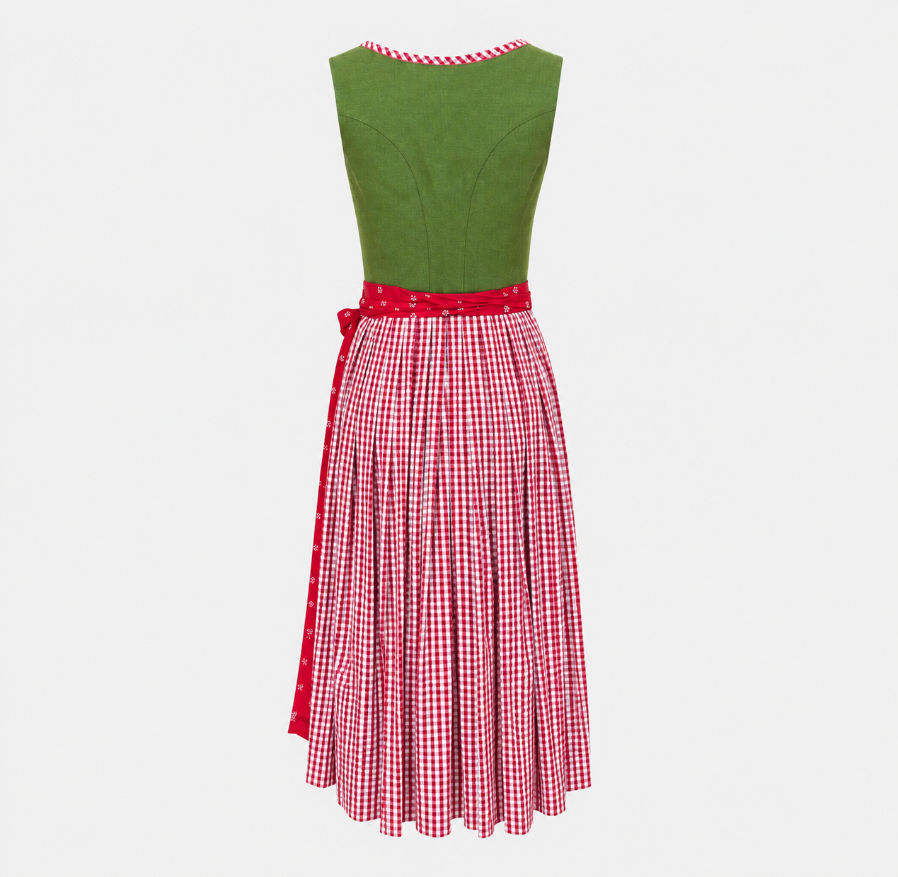 Back view of Apple of My Eye Dirndl with green bodice and red and white gingham skirt