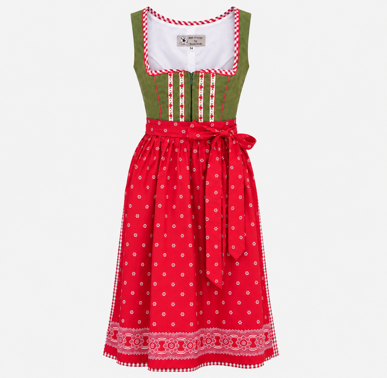 Front view of Apple of My Eye green Dirndl with red patterned apron and gingham trim for rental in Munich