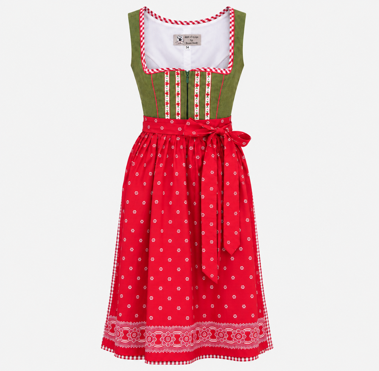 Front view of Apple of My Eye green Dirndl with red patterned apron and gingham trim for rental in Munich