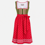 Front view of Apple of My Eye green Dirndl with red patterned apron and gingham trim for rental in Munich