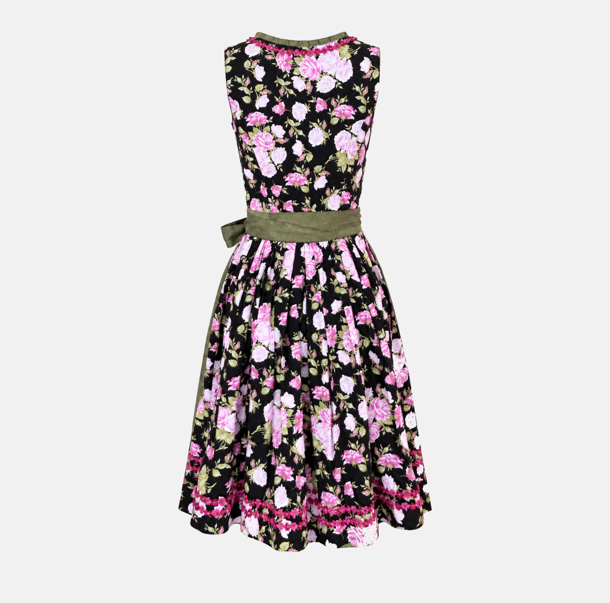 Back view of Berwin & Wolff black floral Dirndl with pink roses and olive green details