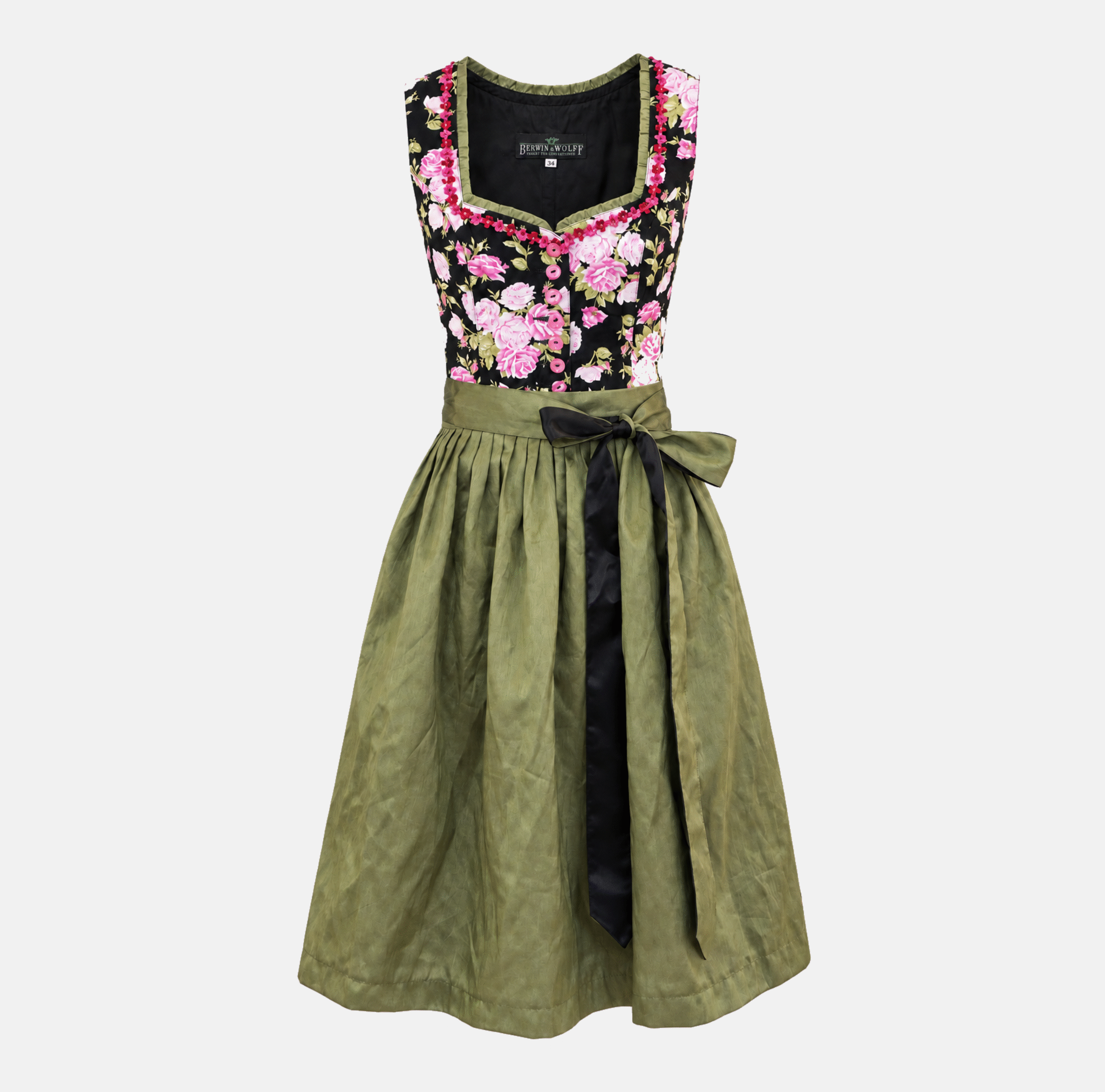 Berwin & Wolff black floral Dirndl with pink roses and olive green apron for Oktoberfest rental in Munich