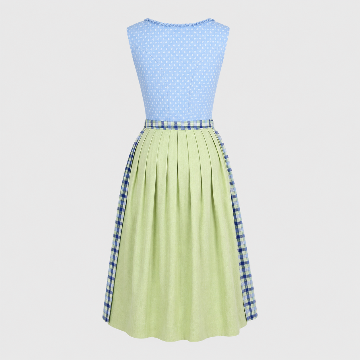 Detail of light blue Berwin & Wolff Dirndl bodice with delicate white pattern and decorative neckline trim