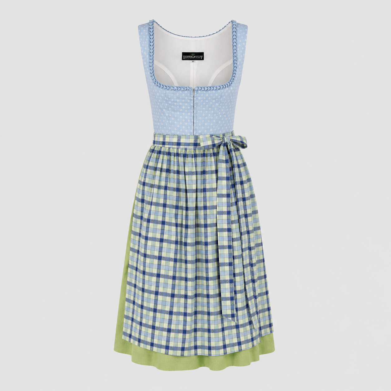 Light blue and green Berwin & Wolff Dirndl with checked apron for Oktoberfest rental in Munich