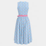 Back view of Berwin & Wolff light blue Dirndl with pink roses, small blue dots and pink gingham waist ties