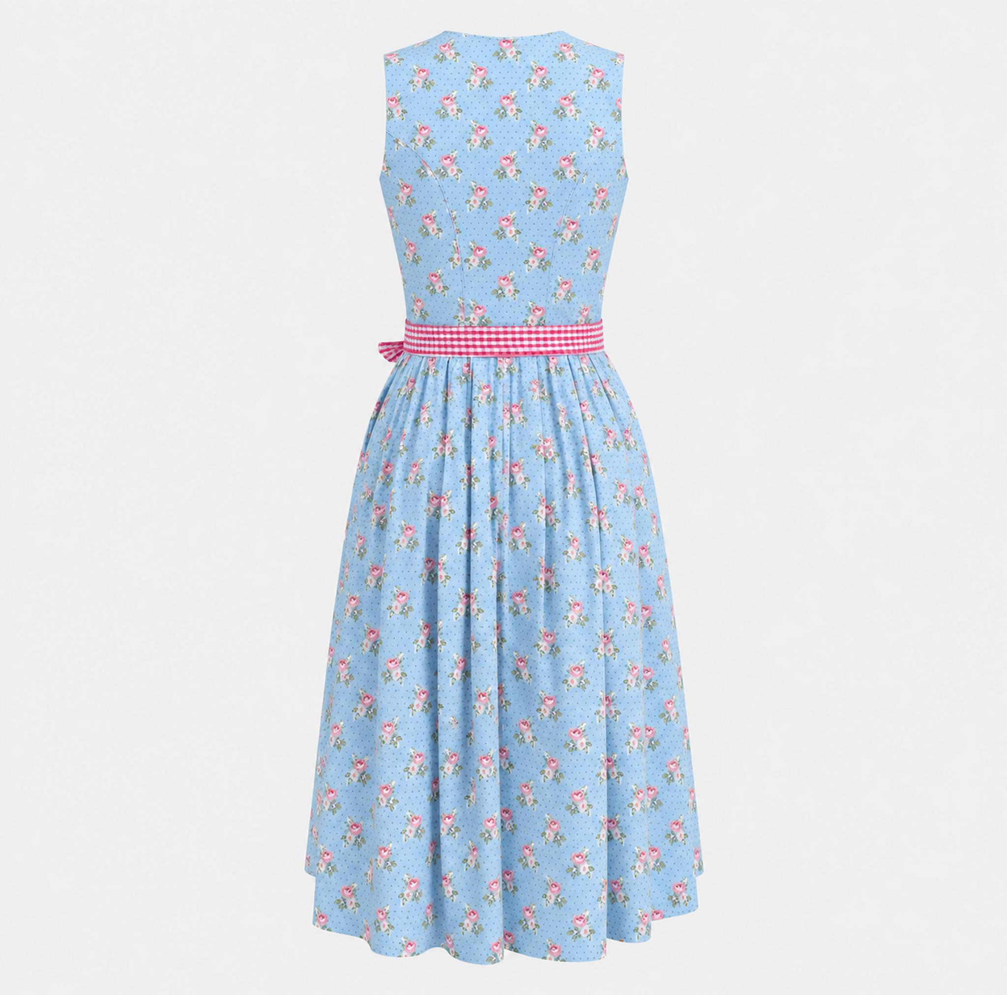Back view of Berwin & Wolff light blue Dirndl with pink roses, small blue dots and pink gingham waist ties