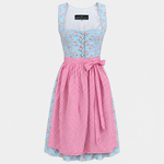 Front view of light blue Berwin & Wolff floral Dirndl with pink gingham apron for Oktoberfest rental in Munich