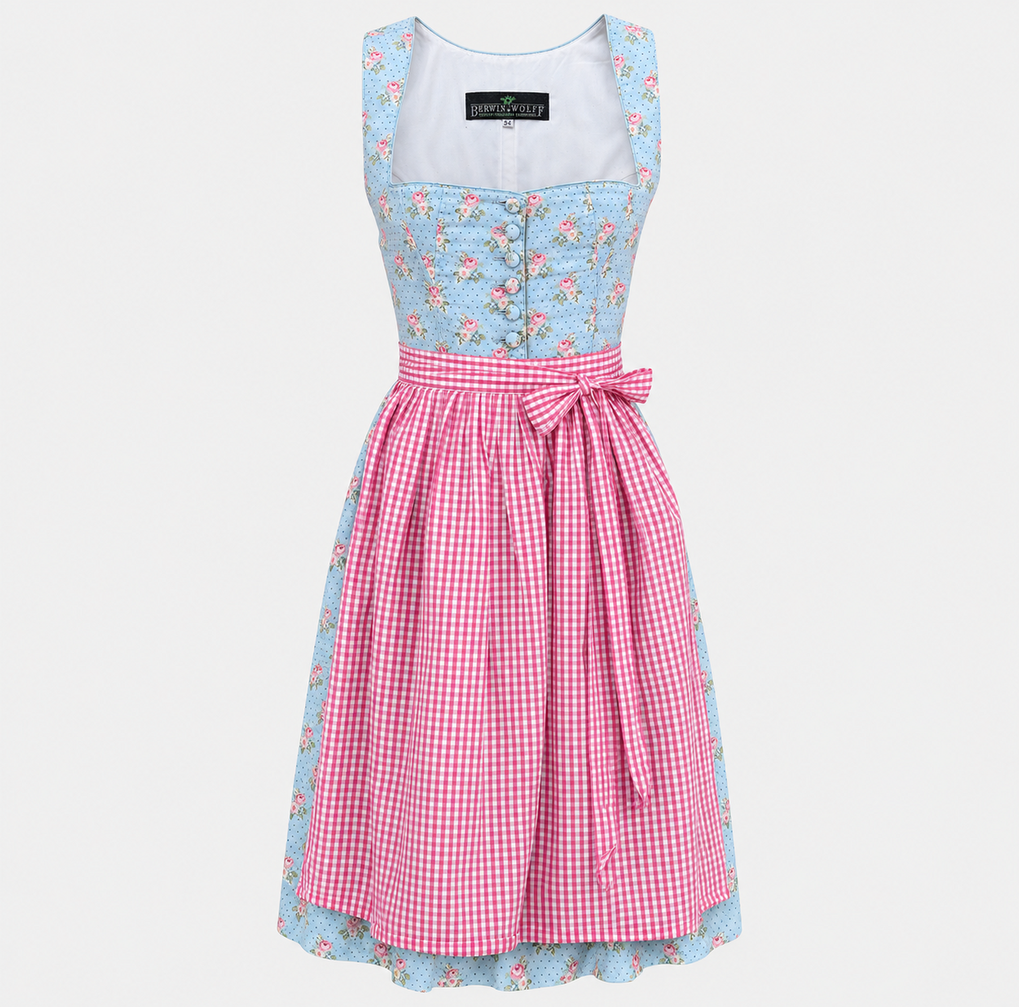Front view of light blue Berwin & Wolff floral Dirndl with pink gingham apron for Oktoberfest rental in Munich
