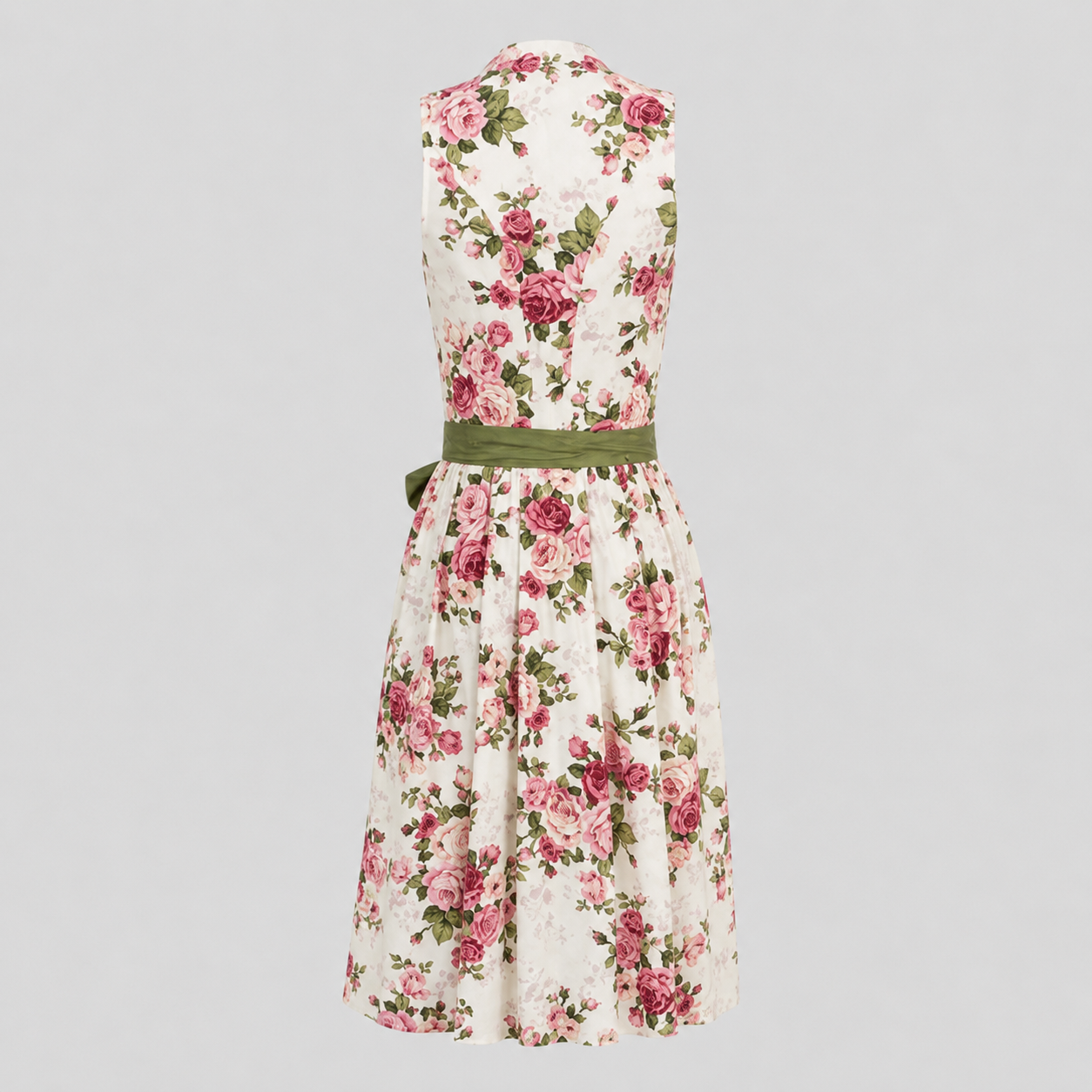 Back view of ivory Berwin & Wolff midi Dirndl with pink rose print and green waist sash