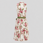 Back view of ivory Berwin & Wolff midi Dirndl with pink rose print and green waist sash