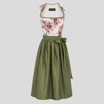 Front view of ivory Berwin & Wolff Dirndl with pink roses and green apron for Oktoberfest rental