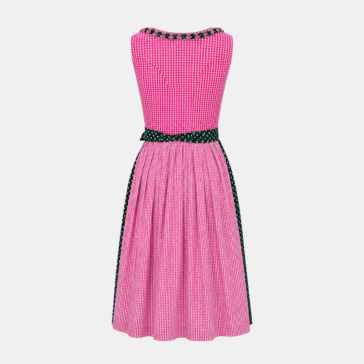Back view of Berwin & Wolff pink checked Dirndl with dark green patterned apron for Oktoberfest rental in Munich
