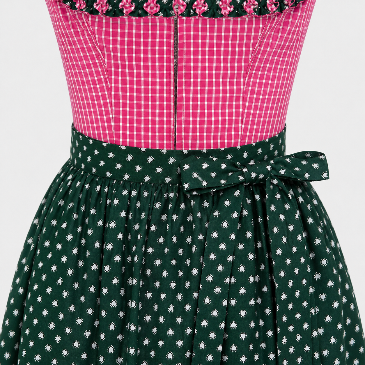 Detail of Berwin & Wolff pink checked Dirndl bodice with dark green patterned apron bow for Oktoberfest