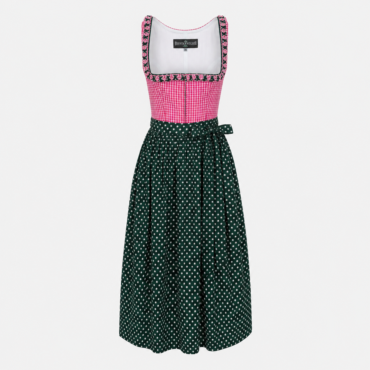 Berwin & Wolff pink and green Dirndl with checked bodice and dark green apron for Oktoberfest rental in Munich
