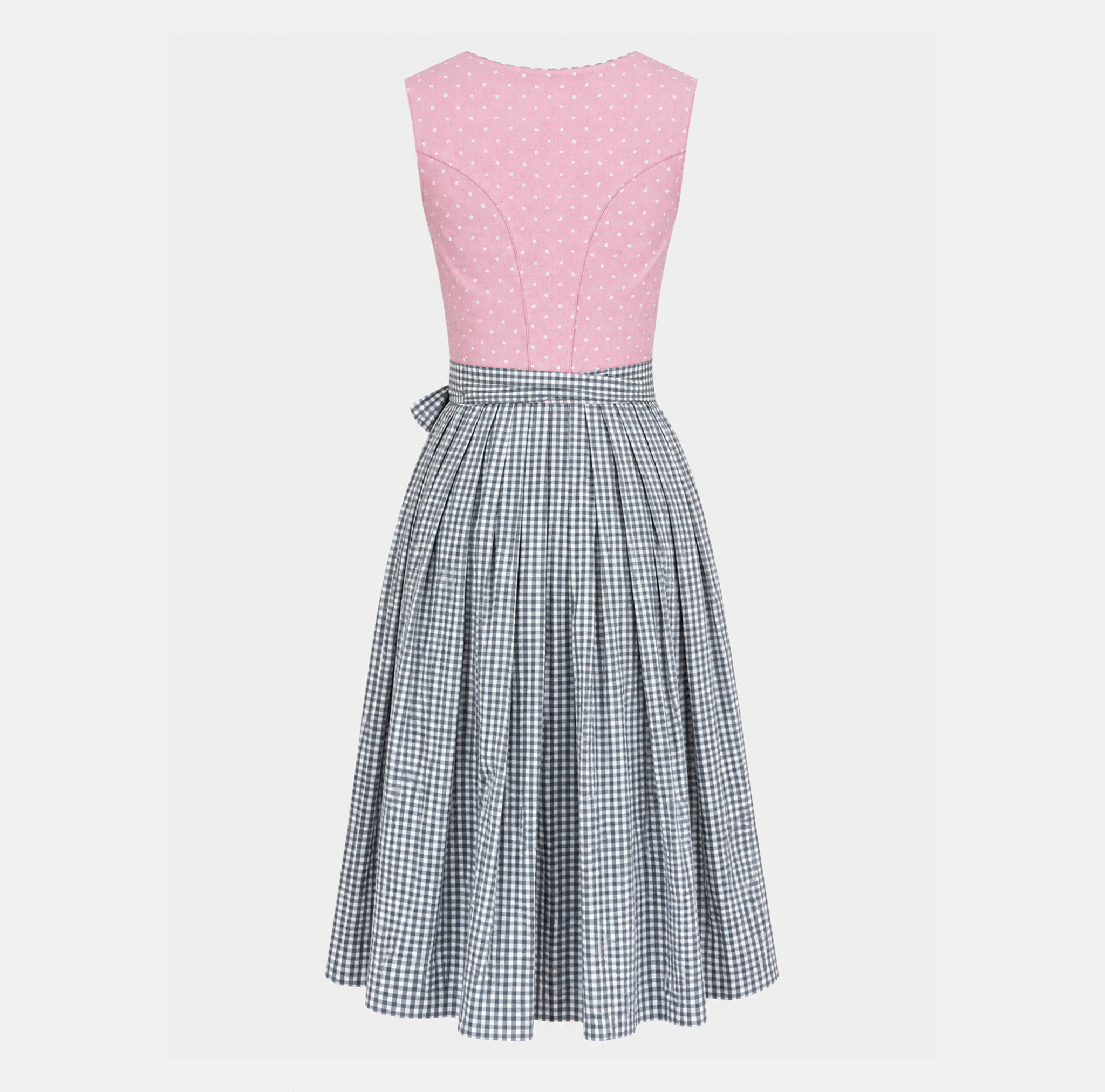 Back view of Berwin & Wolff pink and grey Dirndl with grey and white gingham skirt