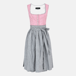 Front view of Berwin & Wolff pink and grey Dirndl with patterned bodice and grey apron for rental in Munich
