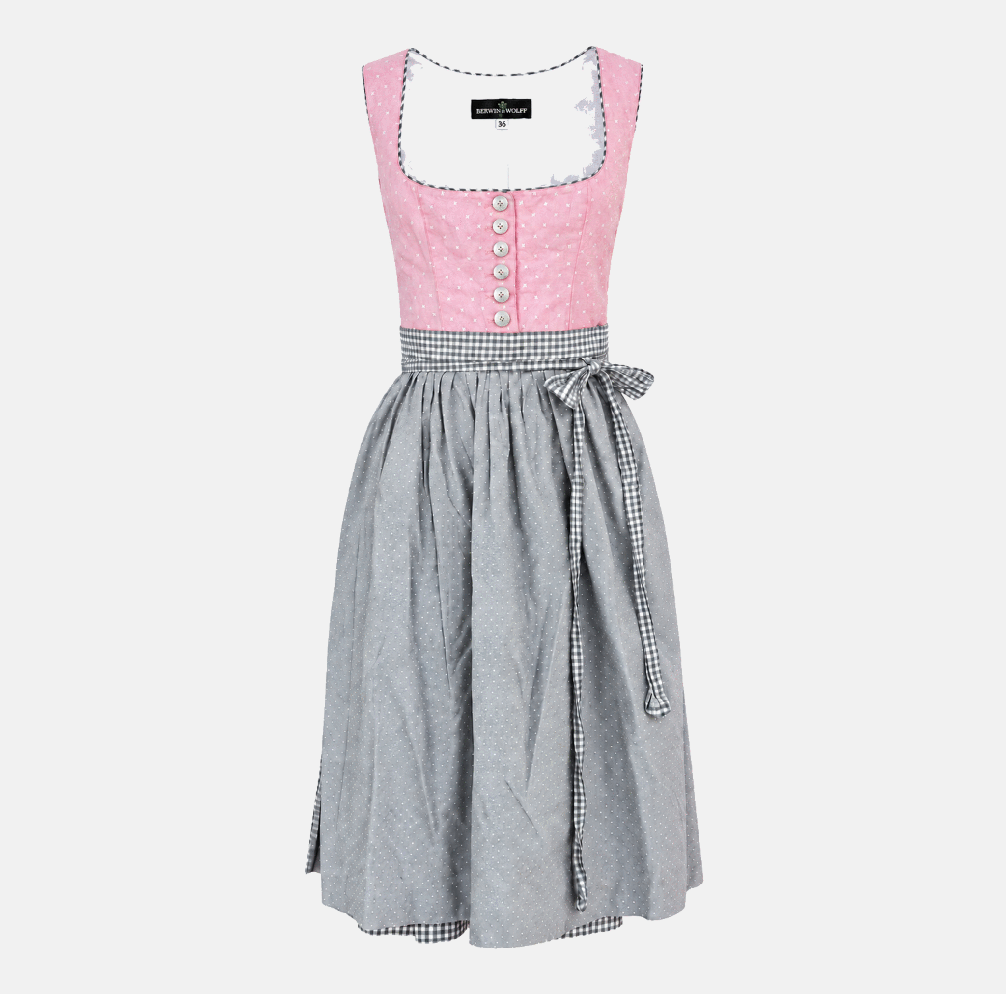 Front view of Berwin & Wolff pink and grey Dirndl with patterned bodice and grey apron for rental in Munich