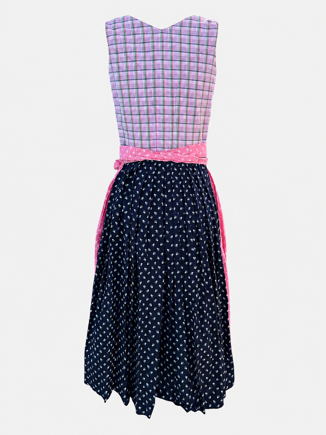 Back view of pink and navy Berwin & Wolff Dirndl with checked bodice and floral midi skirt