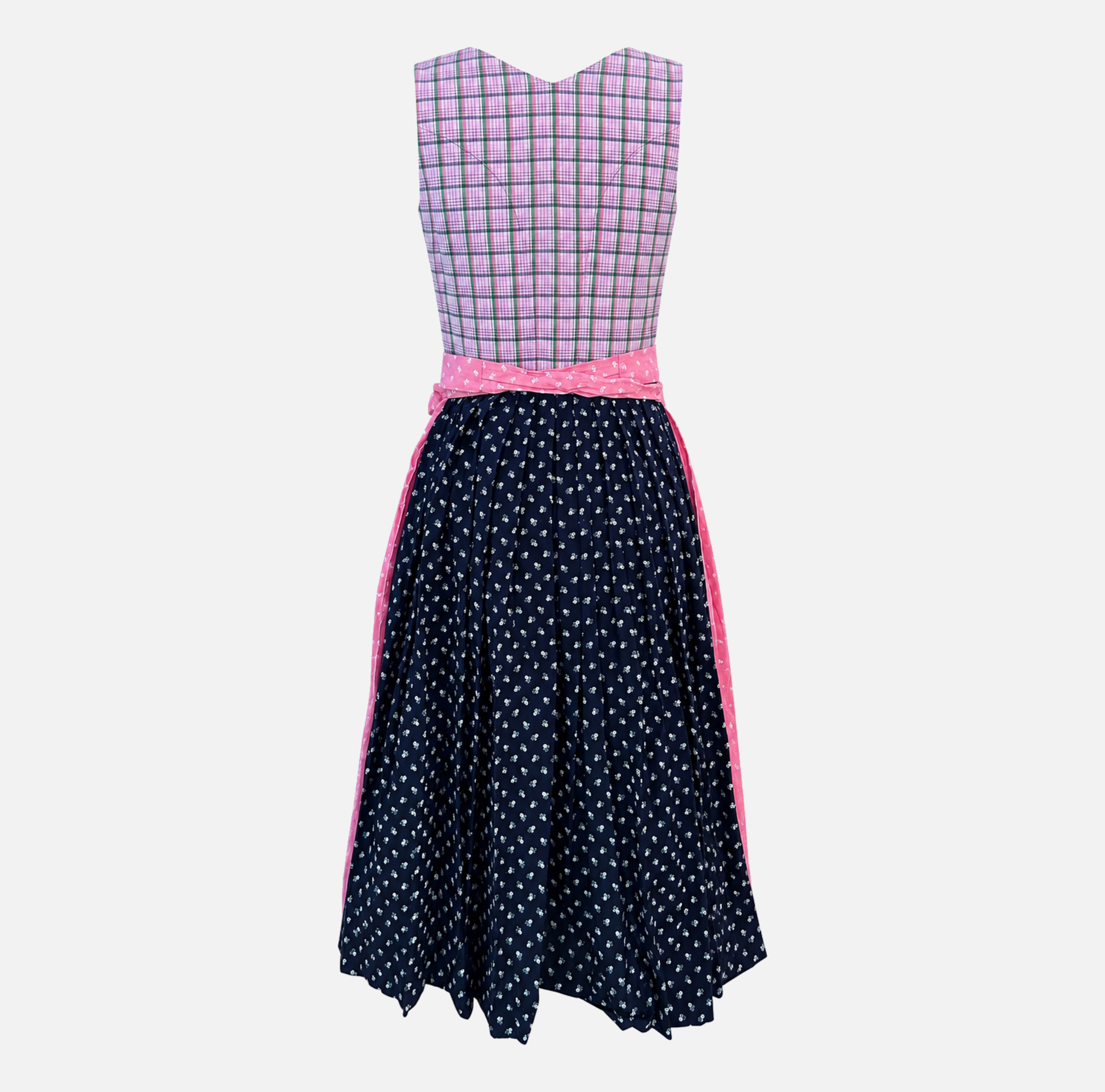 Back view of pink and navy Berwin & Wolff Dirndl with checked bodice and floral midi skirt
