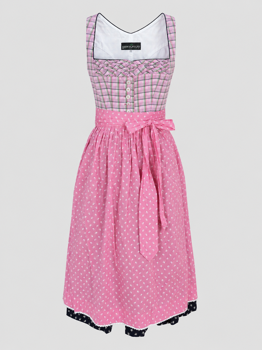 Front view of pink and navy Berwin & Wolff Dirndl with checked bodice for Oktoberfest rental in Munich