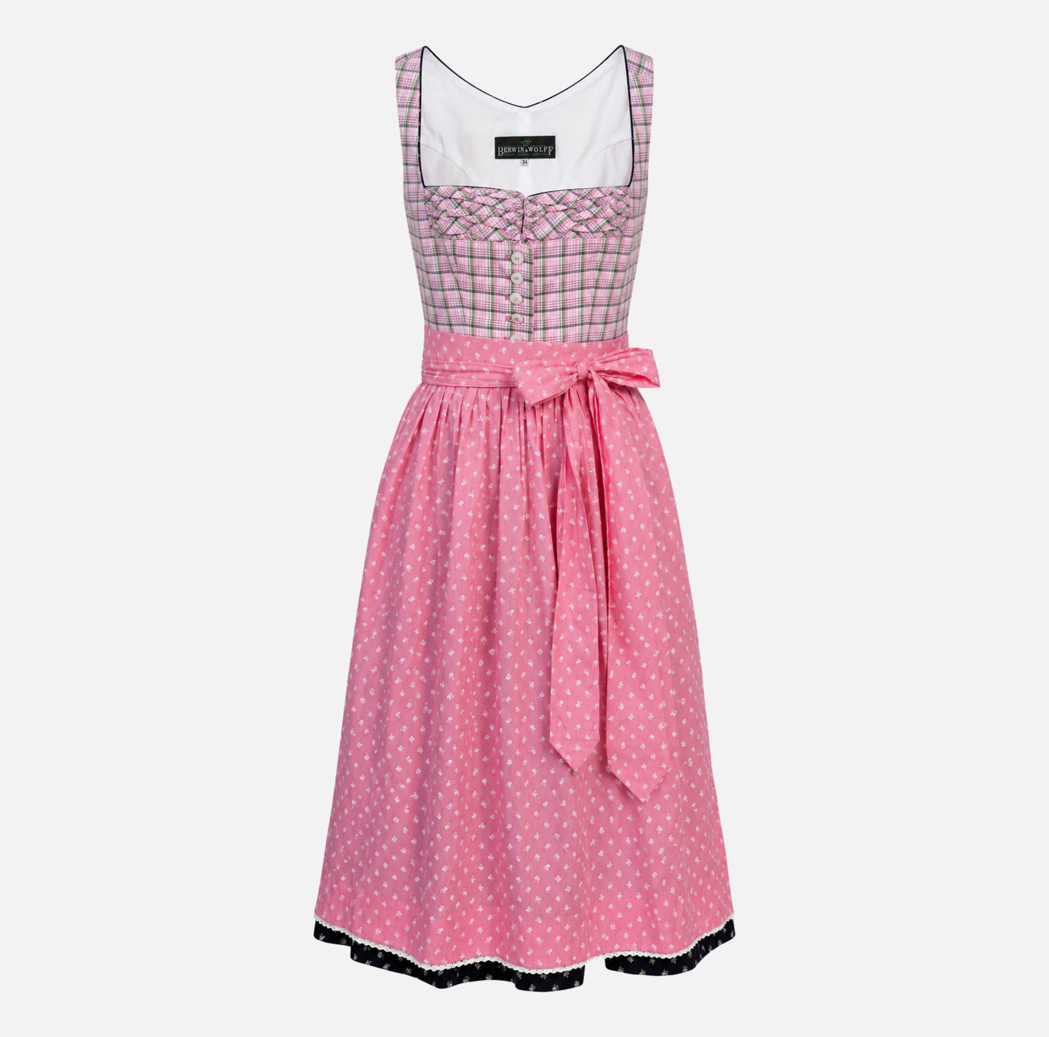 Front view of pink and navy Berwin & Wolff Dirndl with checked bodice for Oktoberfest rental in Munich