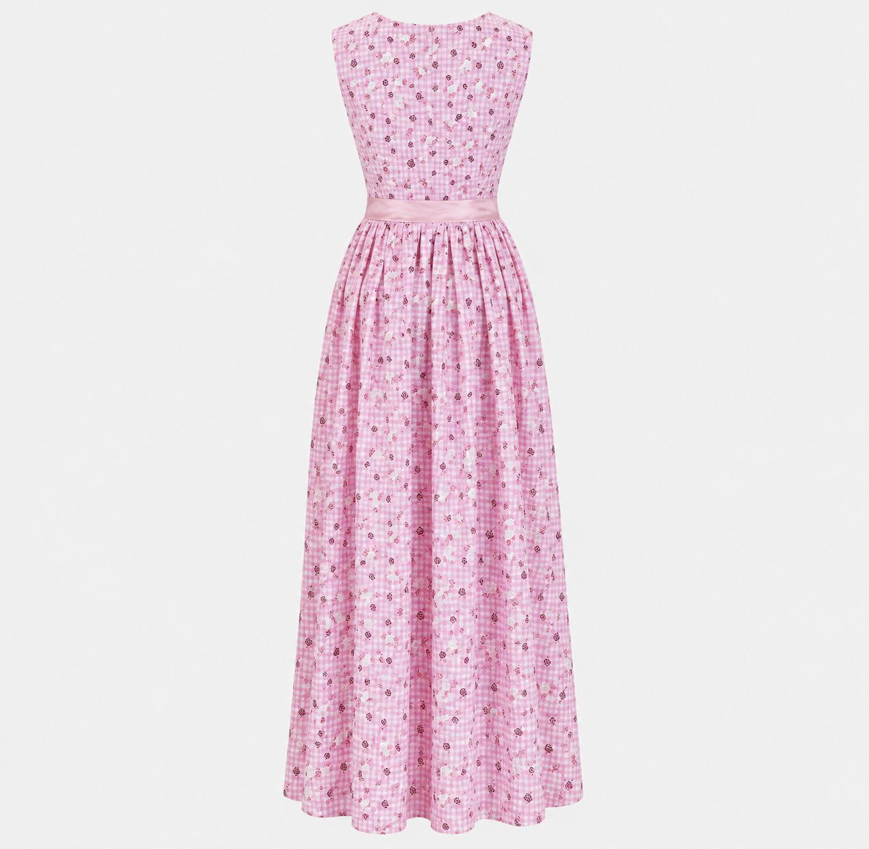 Back view of Berwin & Wolff pink rose gingham Dirndl with long skirt and pink waist sash