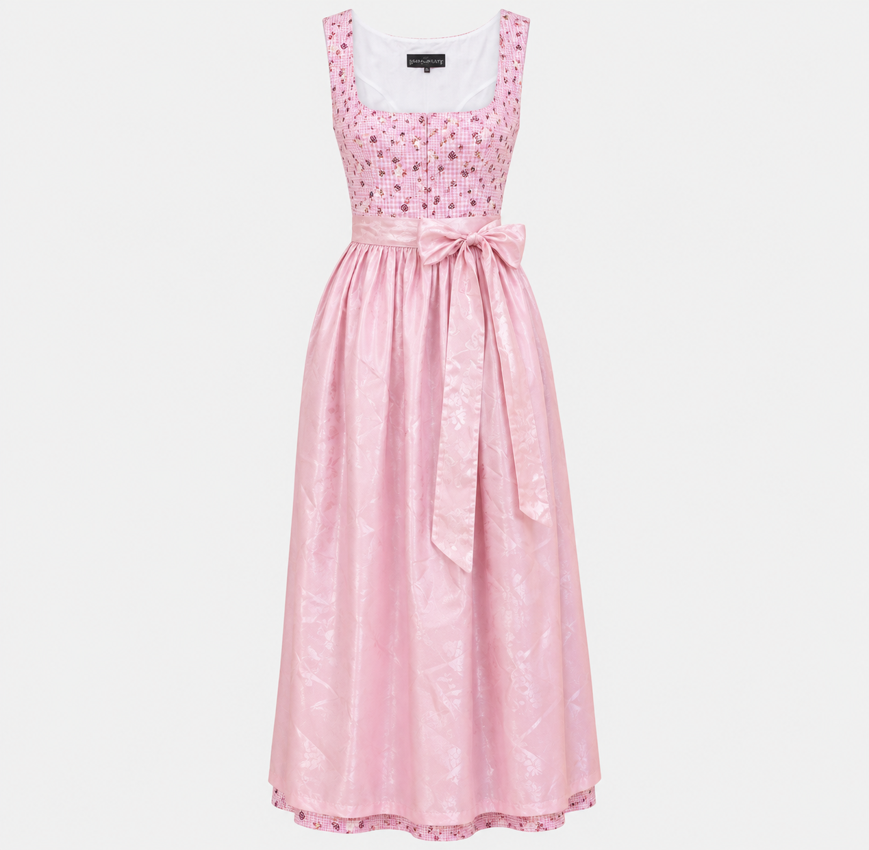 Front view of Berwin & Wolff pink rose gingham Dirndl with long pink patterned apron for Oktoberfest rental in Munich