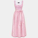 Front view of Berwin & Wolff pink rose gingham Dirndl with long pink patterned apron for Oktoberfest rental in Munich
