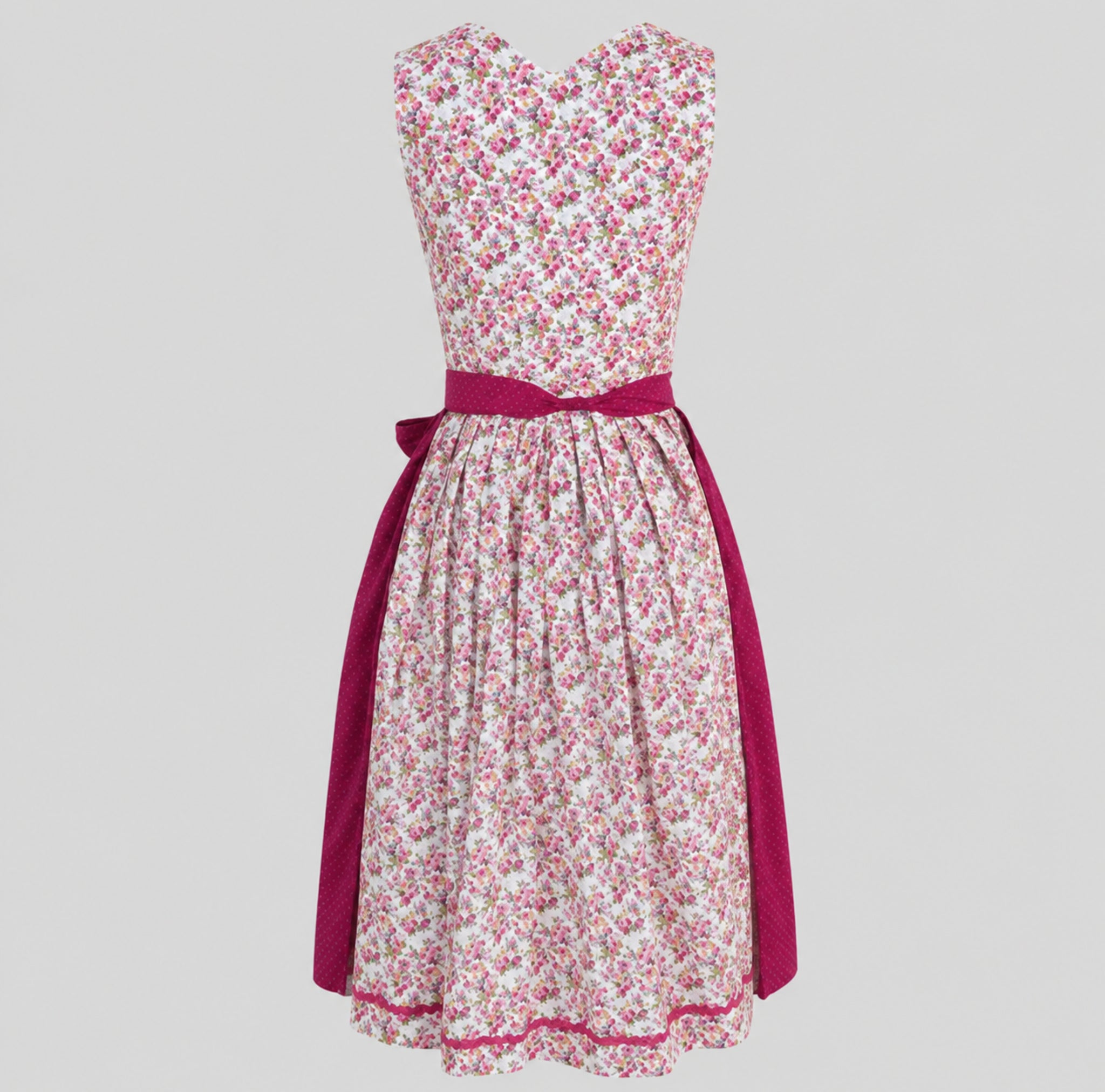 Back view of red Berwin & Wolff midi Dirndl with floral print and red apron ties