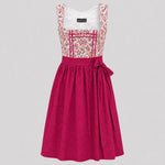 Front view of red Berwin & Wolff Dirndl with floral bodice for Oktoberfest rental in Munich