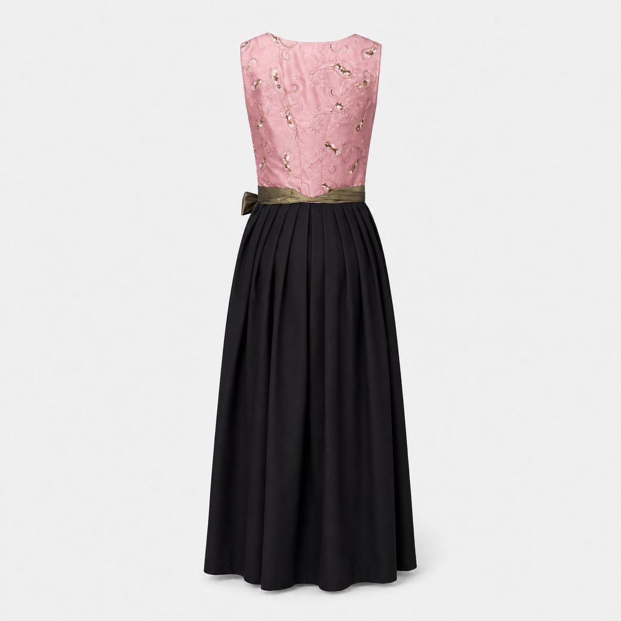 Back view of Berwin & Wolff Unique Dirndl with pink patterned bodice, black skirt and olive waist sash for Oktoberfest rental in Munich