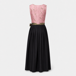 Back view of Berwin & Wolff Unique Dirndl with pink patterned bodice, black skirt and olive waist sash for Oktoberfest rental in Munich